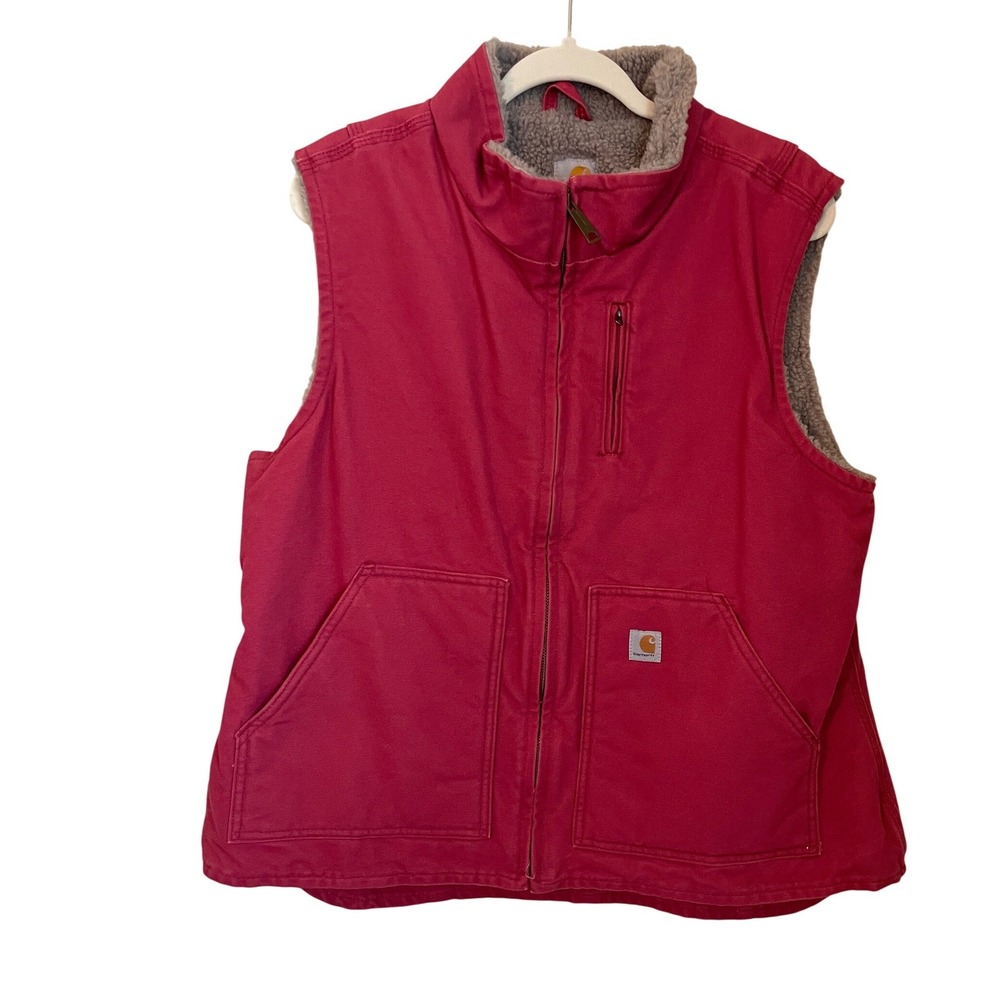 Carhartt Vintage Womens XL Pink Red Sherpa Lined Duck Canvas Vest Full Zip